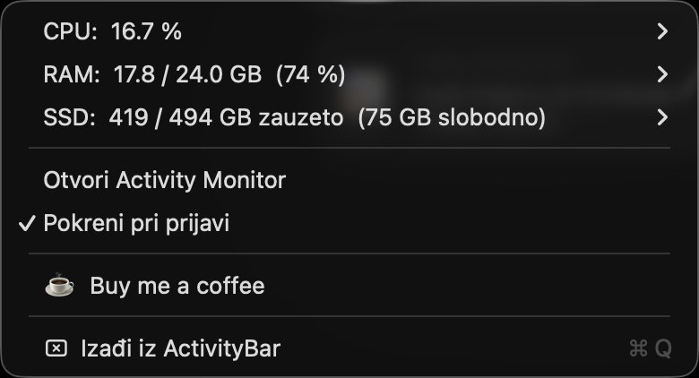 The ActivityBar menu showing CPU, RAM and SSD readouts
