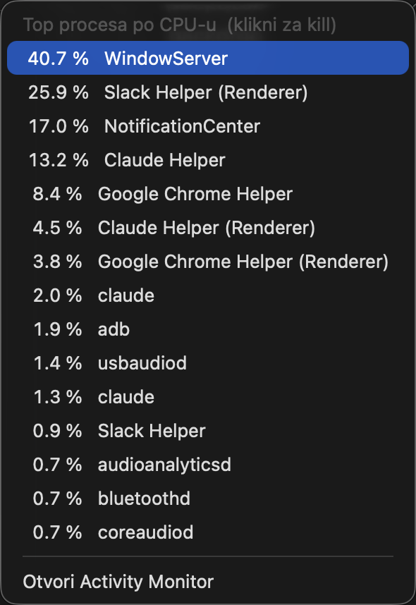 Top processes by CPU, each one clickable to kill