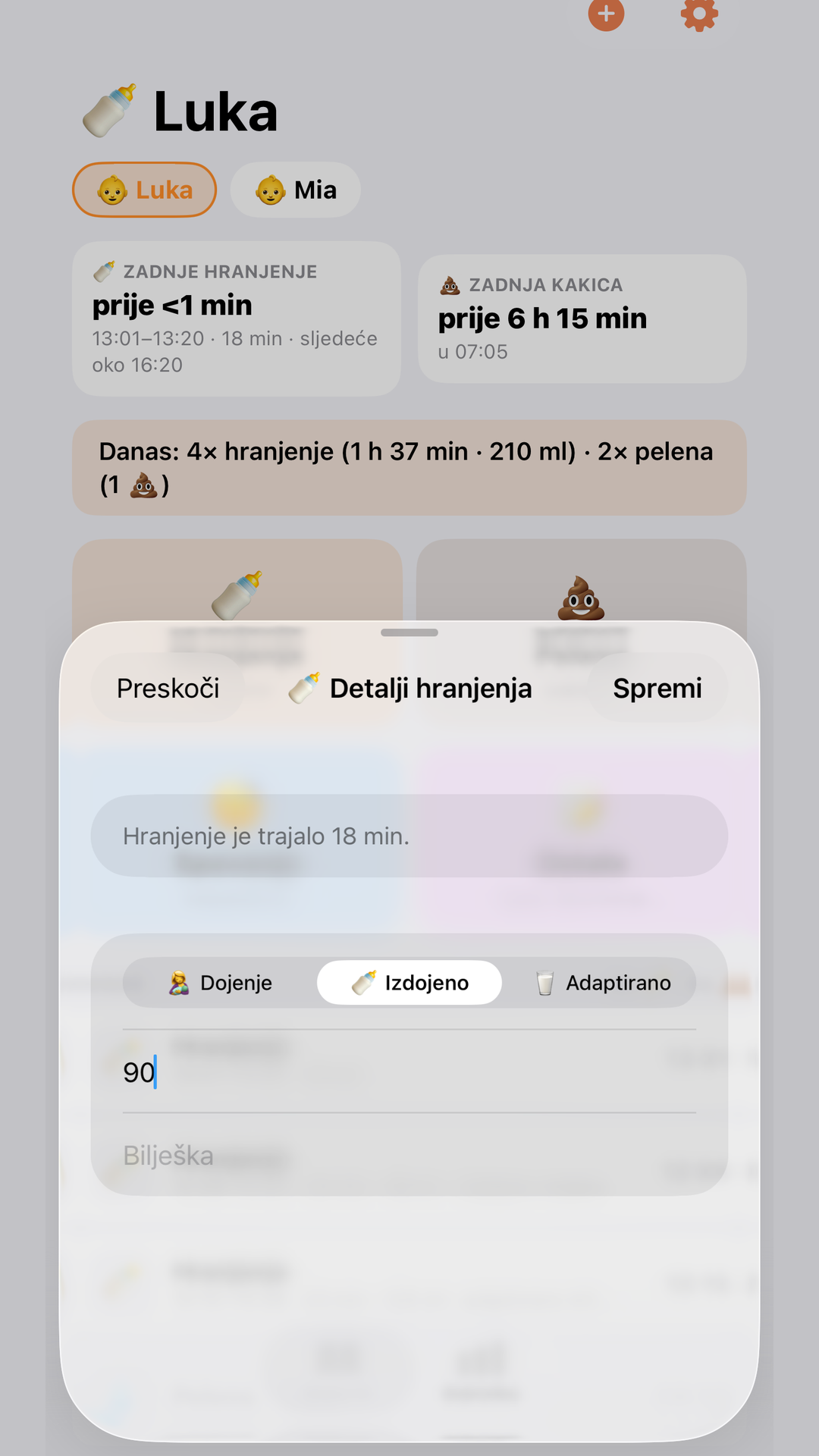 Beba dnevnik — bottle details sheet with ml and milk type