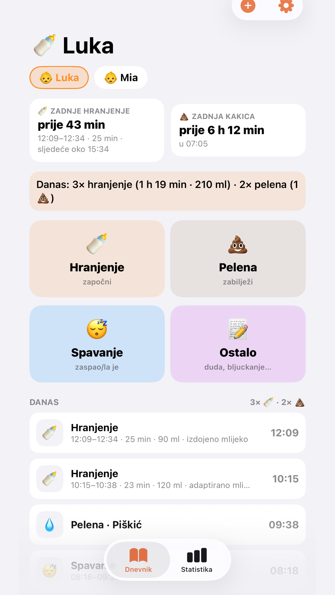 Beba dnevnik — home screen with baby switcher, status cards and diary