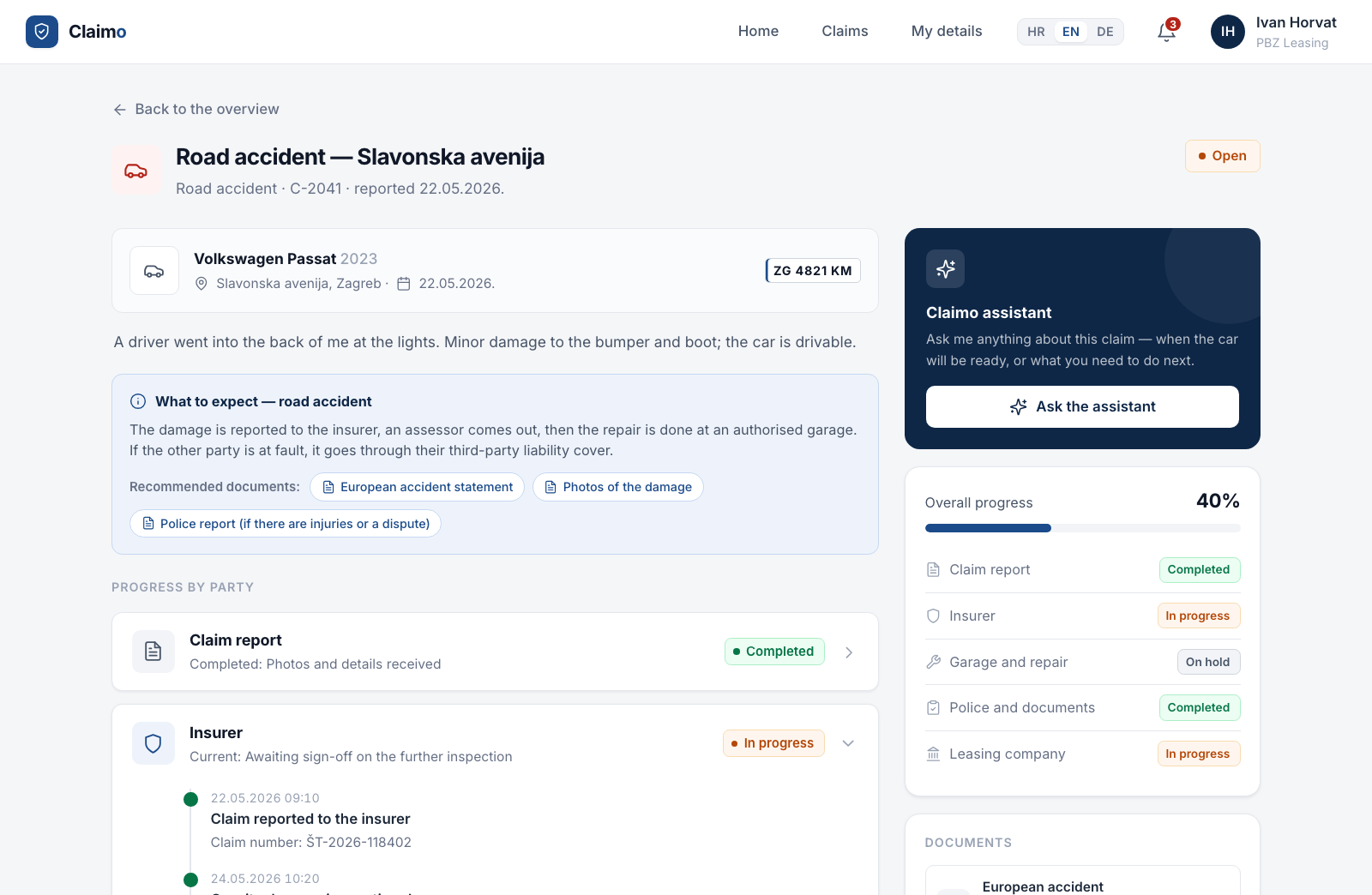 Claimo case detail with per-party timeline