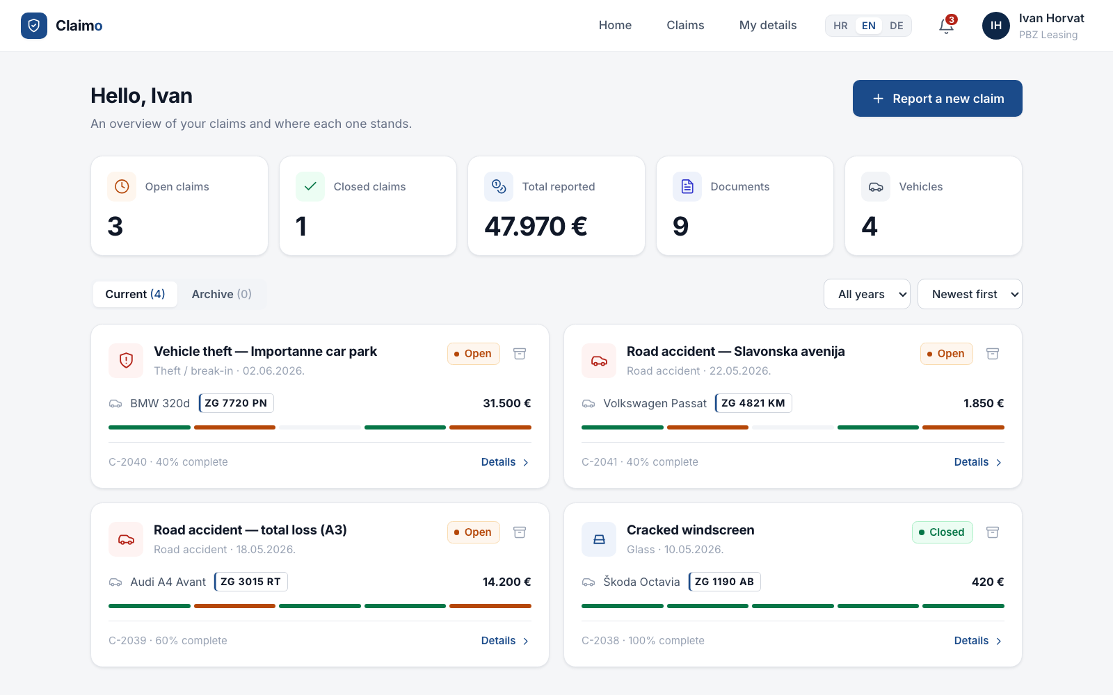 Claimo dashboard with active claims