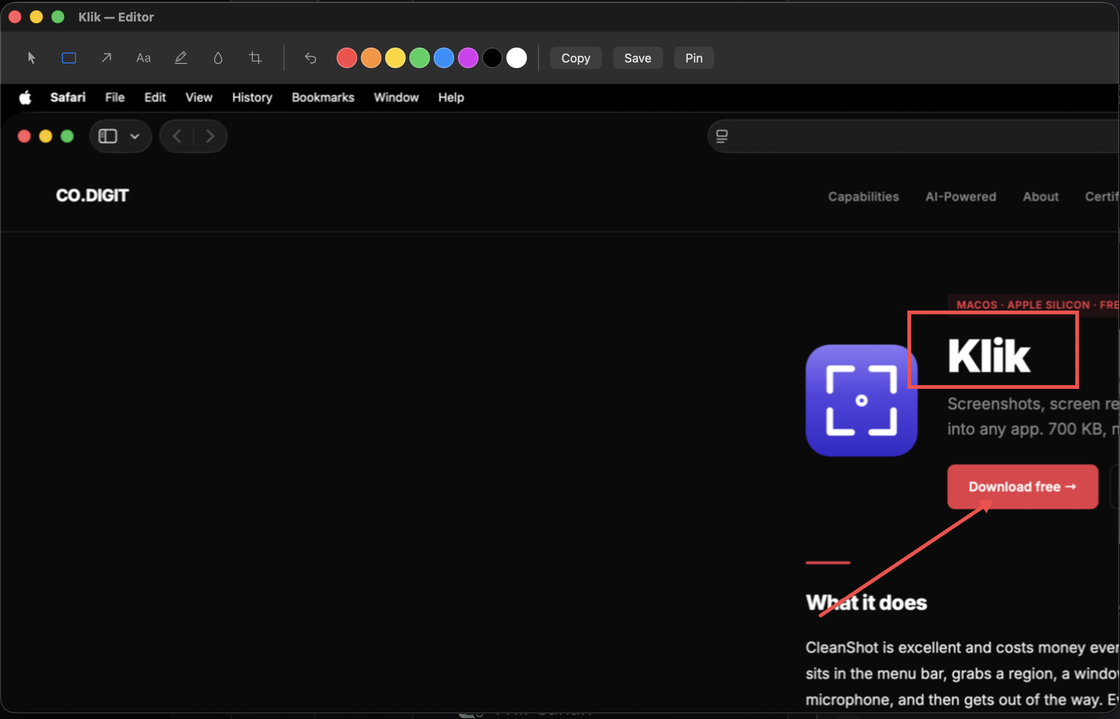 The Klik annotation editor with an arrow and a rectangle drawn over a captured screenshot