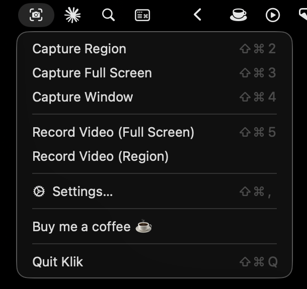The Klik menu bar dropdown with capture, recording and settings commands