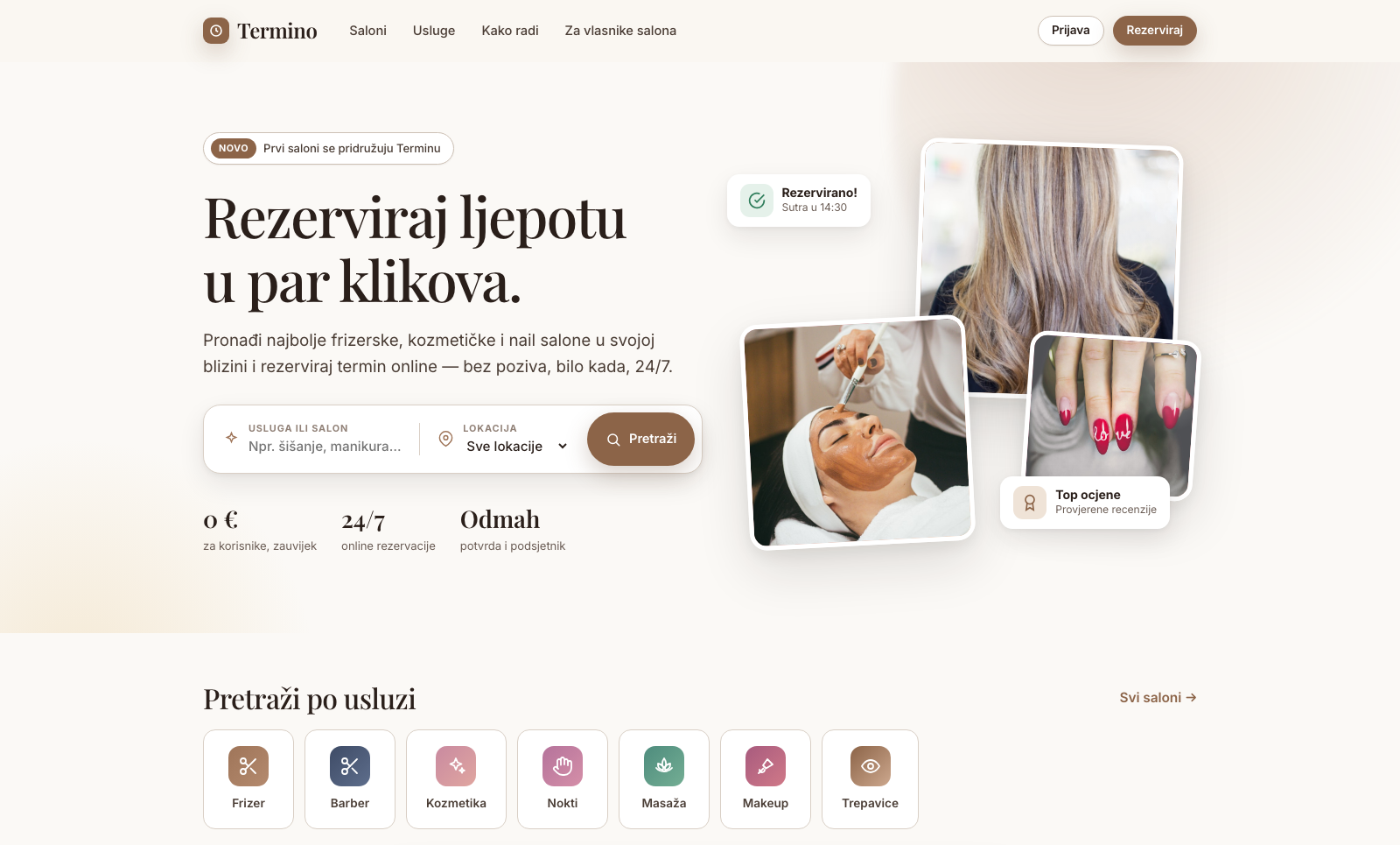 Termino marketplace homepage — search salons by service and location