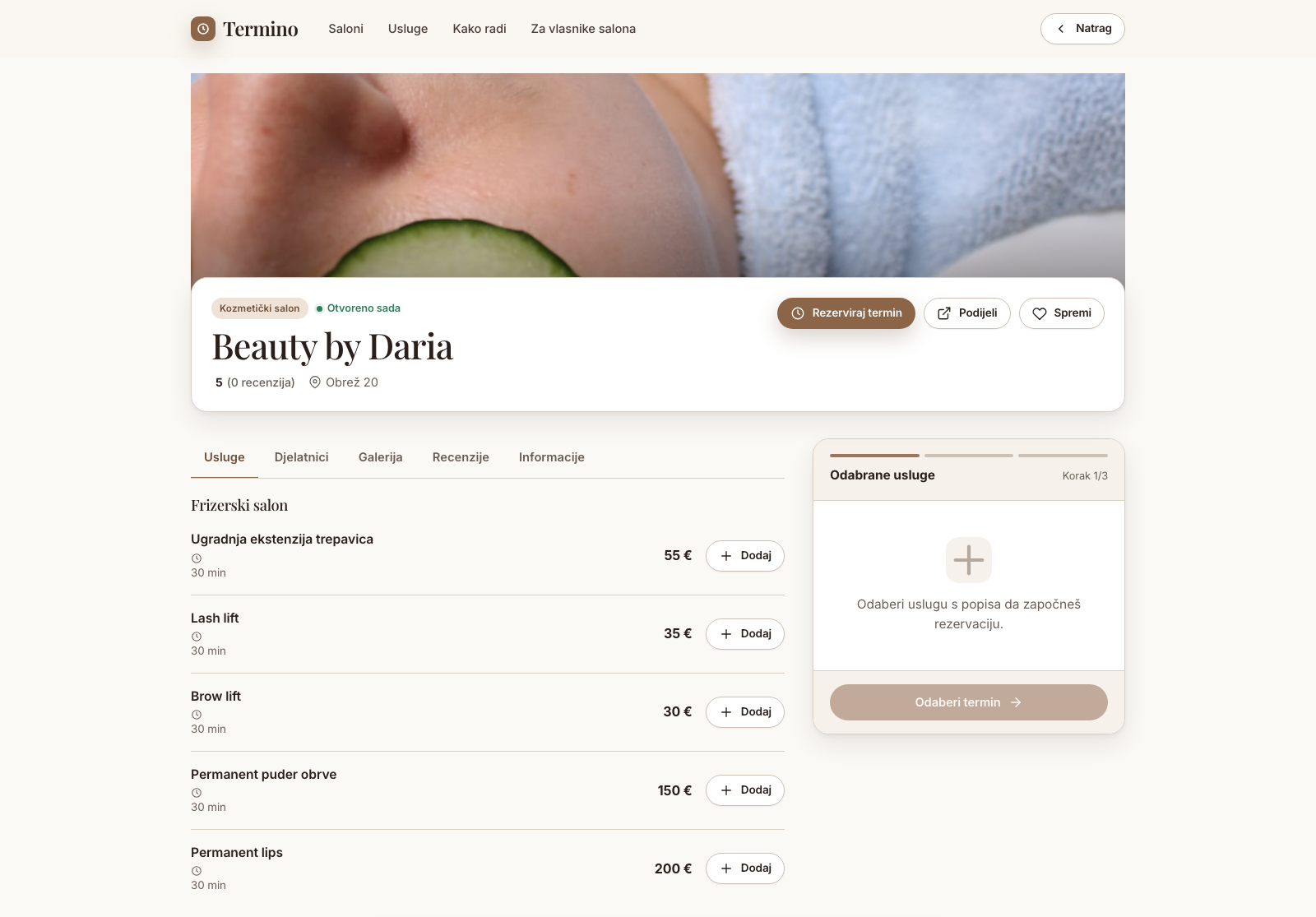 Termino salon profile with services and the three-step booking widget